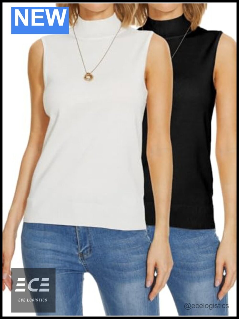 Sleeveless Mock Neck Sweater Vest Ribbed Trim Knit Layering Top